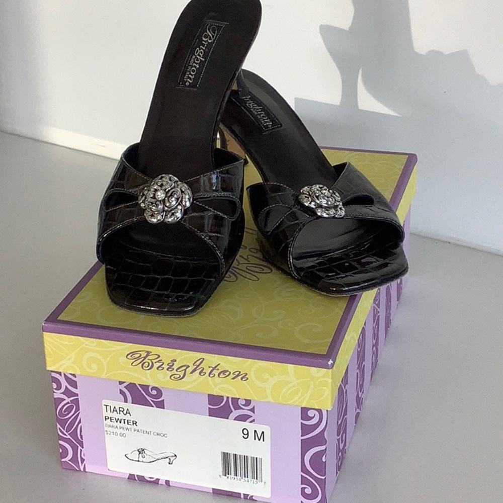 Brighton Tiara Pewter Patent Mules Sandals